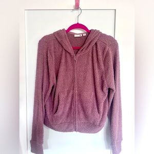 So fuzzy zip sweater with hood. Size XL in beautiful mauve color.